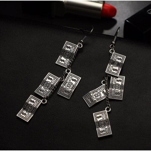 Antique Sliver Funny 100 Dollar Bill Money Currency Dangle Earrings For Women E56A