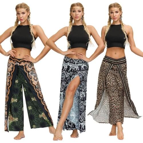 Flower Feather Butterfly Elephant Leopard Print Ladies Bohemian Wide Split Leg Pants Women Thai Indonesian Summer Loose Trousers