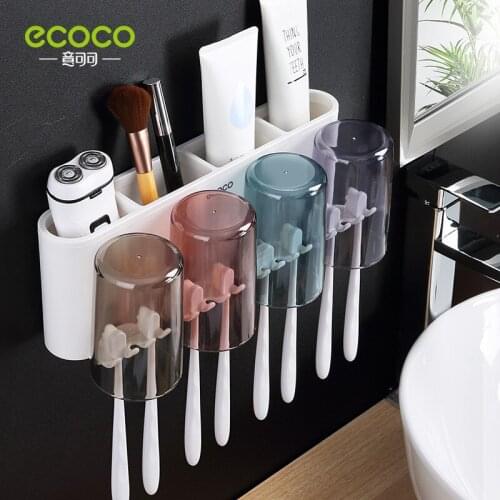 Ecoco Toothbrush Holder with Cups, Toothbrush Organizer Punch-free, Wall Mounted Toothbrush Storage, Bathroom Storage Rack