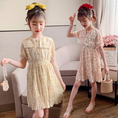Girl Summer Dress Children Lovely Chiffon Lapel Collar Ditsy Floral Print Pleated Dress With Pearl Button Child Clothes For Girl