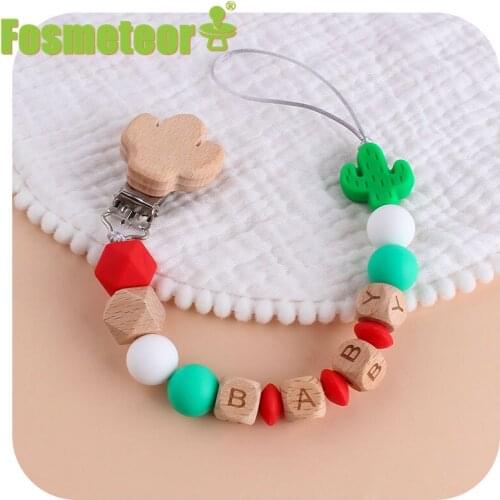 Fosmeteor Cactus Beech Wood Clip and Food Grade Cactus Silicone Pendant Baby Pacifier Clip Chain Nipple Holder Molar Gift