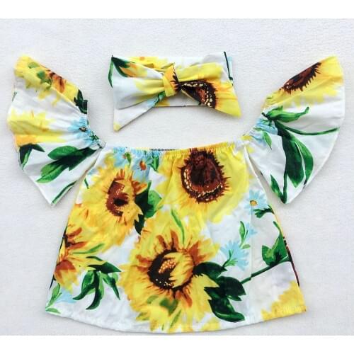 Baby T-shirt Girl cotton Off Shoulder Floral Tops Fashion Trumpet sleeve Outfits Sunsuit Kids Clothes baby headband