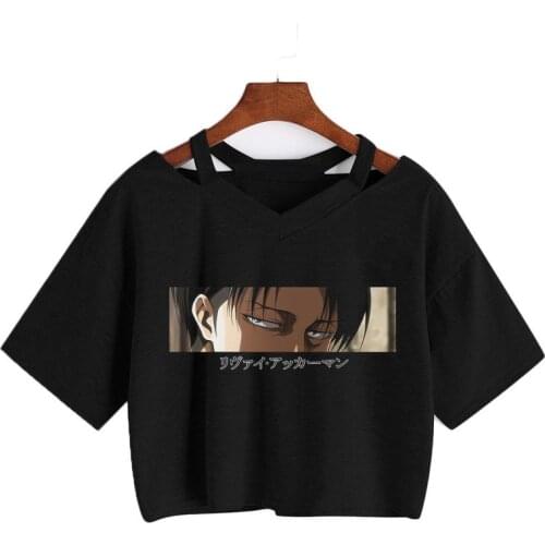 Japanese Manga Attack On Titan Cartoon Levi·Ackerman print T-shirt Gothic Harajuku Short sleeve Crop tops Punk Loose V-neck Tee