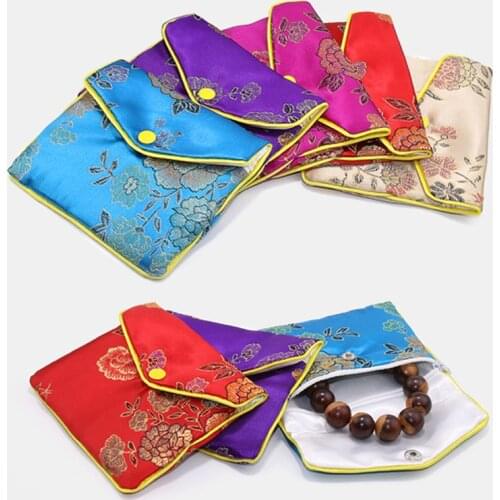 Hot Sale Chinese Brocade Handmade Silk Embroidery Padded Zipper Small Jewelry Gift Storage Pouch Bag Snap Case Satin Coin Purse