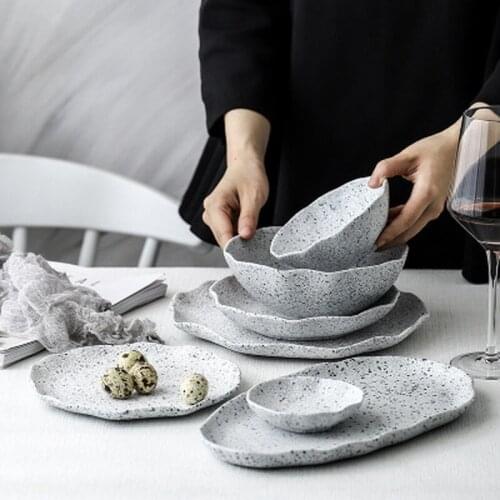 Ceramic Tableware Nordic Round Granite Pattern Lace Fish Plate Rice Bowl Taste Dish Household Kitchen Supplies Dinnerware