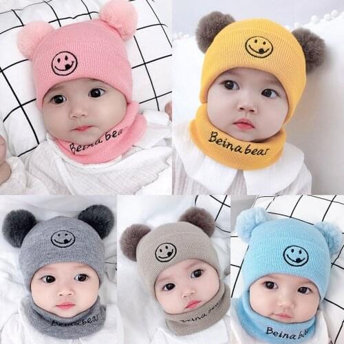 2PCS Baby Hat Fall and Winter Baby Woolen Knitted Hat Childrens Thick Warm Bib Cap Hat for Boys Newborn Hat