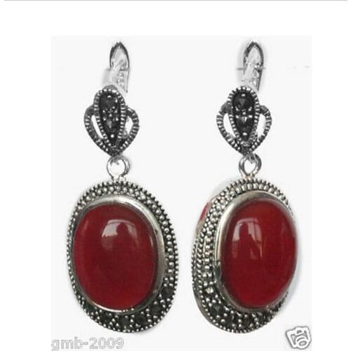 Beautiful 925 11/2" Silver Natural Red jade Marcasite Earrings