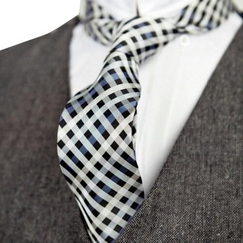 Mens Ties Necktie Checked Navy Blue Gray Grey Orange 100% Silk Jacquard Woven Casual Business Formal Wholesale Suit Gift For Men