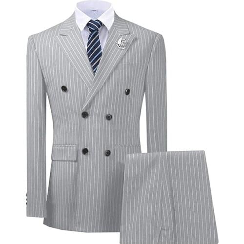 SOLOVEDRESS Silver Mens Suit 2-Piece Pinstriped Tuxedo Notched Lapel Slim Groom Wedding Office Meeting (Blazer + Pants)