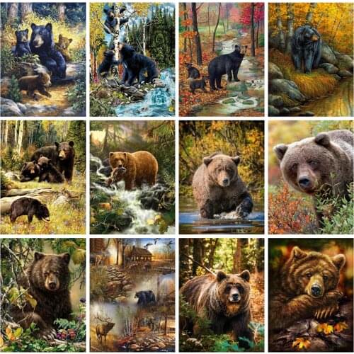 Huacan Full Drill Square Diamond Painting Bear Fall Diamond Art Mosaic Embroidery Cross Stitch Animal Autumn Home Decor