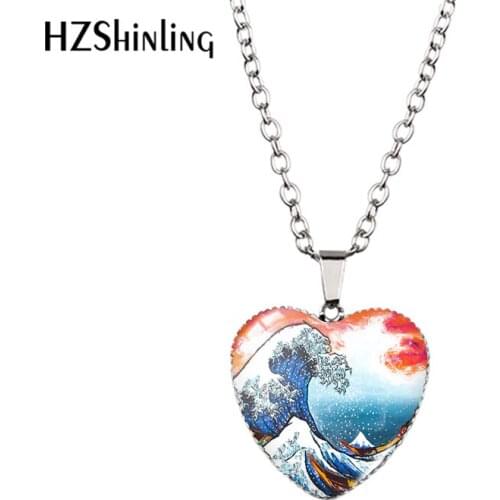 2021 New The Great Wave off Kanagawa Pendant Necklace Printed Art Glass Dome Photo Handmade Jewelry Heart Pendants Gift
