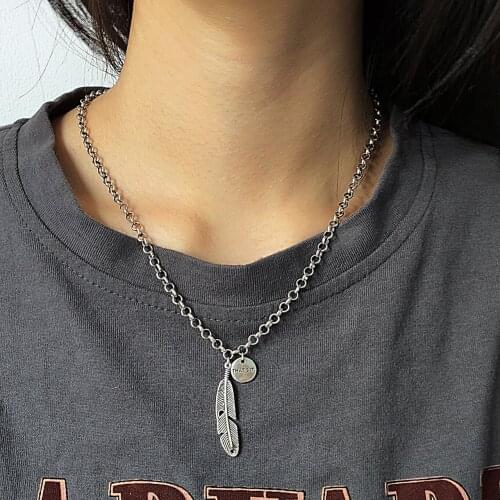 925 Sterling Silver Couple Necklace Retro Angel Wings Feather Necklace Bamboo Chain Simple Ladies Sweater Chain Necklace Women