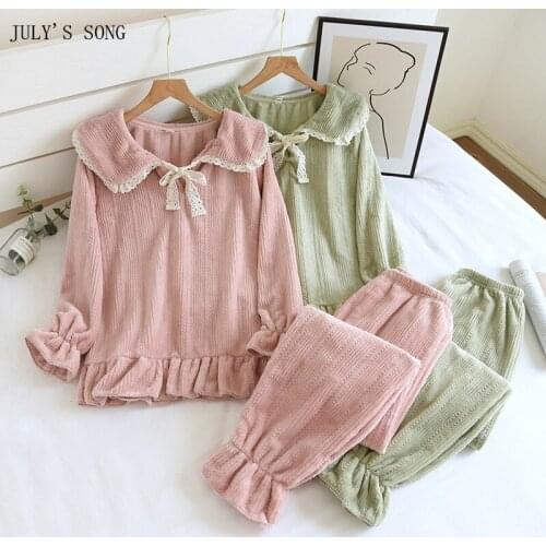 JULYS SONG 2 Pieces Pajamas Set Winter Thick Flannel Sleepwear Simple Casual Loose Long-sleeved Homewear Trousers Lounge wear