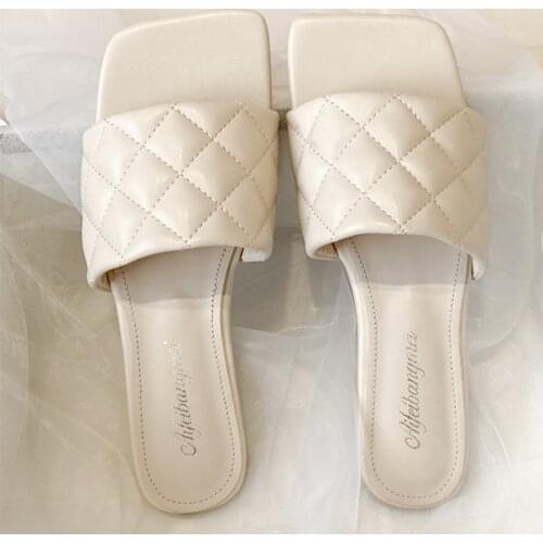 Summer Women Net Celebrity Sandals Checkered Band Slip on Woman Slippers Beach Shoes Casual Knitted Open Toe Flat Slides