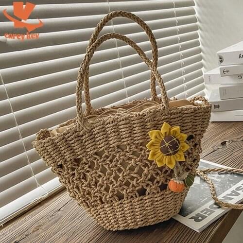CAREY KEY Straw Bag Ladies Woven Handbag Summer Bohemian Style Flower Rattan Bag Drawstring Casual Beach Shoulder Crossbody Bag