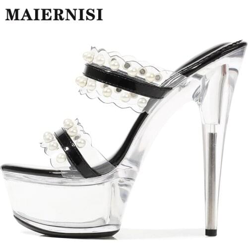 Platform Women Slippers Shoes Thin Heel Ultra High Heels 15CM Pearl Transparent Crystal Heels Sandals Shoes Female Shoes Slipper