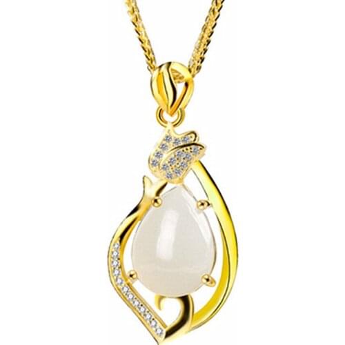 FYJS Unique Jewelry Light Yellow Gold Color Water Drop White Agates Pendant Link Chain Necklace