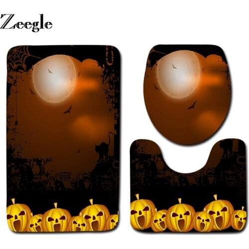Zeegle 3pcs Bath Mat Set Toilet Pedestal Rug Toilet Cover Mat Halloween Mat for Bathroom Flannel Anti Slip Flannel Bath Mat Rug