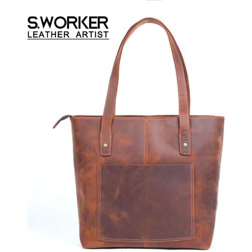 S.WORKER Vintage Genuine Leather Womens Tote Bag Casual Shoulder Bag Crazy Horse Cowhide Mens Handbag Symple Shopping Bag