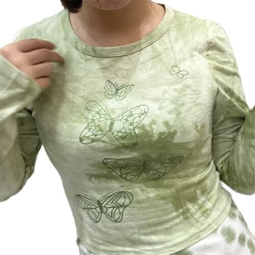 Womens Casual Autumn Tie Dye Crop Tops Long Sleeve Round Neck Butterfly Graphic Slim Fit T-Shirts