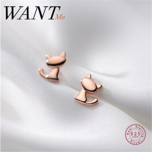 WANTME Fashion Korean Cute Kitten Stud Earrings for Women Genuine 925 Sterling Silver Girl Birthday Animal Cat Jewelry Gift