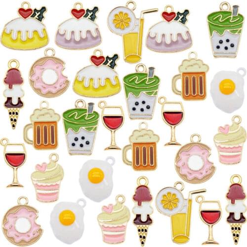 Julie Wang 10PCS Enamel Food Charms Mixed Ice Cream Fruit Juice Cake Fried Egg Wine Beer Alloy Jewelry Making Accessory
