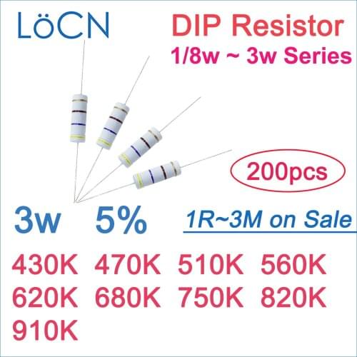 200pcs 5% 3W Carbon Film Resistor DIP 430K 470K 510K 560K 620K 680K 750K 820K 910K OHM Color ring 1R~3M 1w 2w 1/4w 1/2w LoCN
