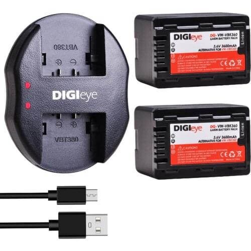 2Pcs VW-VBK360 VBK360 Batteries + Dual USB Charger for Panasonic HC-V10 HC-V100 HC-V100M HC-V500 HC-V700 HC-V700M HDC-HS60