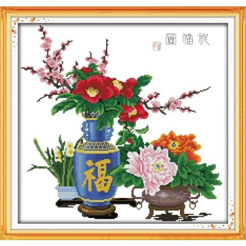 Blessing vase and flowers cross stitch kit 14ct 11ct print canvas stitching embroidery DIY handmade needlework