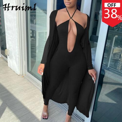 Two Piece Fashion Suspender Jumpsuit Shawl Jacket Night Club New Arrival New Solid Skinny Sexy Long Sleeve 2 Peice Sets