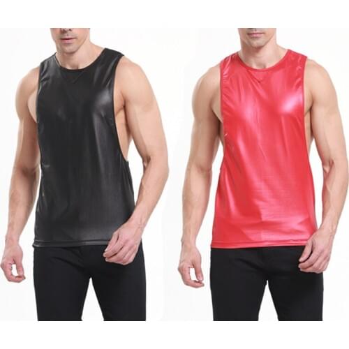 Summer 2018 New Black/Red Faux Leather Man Sexy Fitness Bodybuilding Tank Tops Gay Funny Singlets Undershirt Vest Nylon S M L