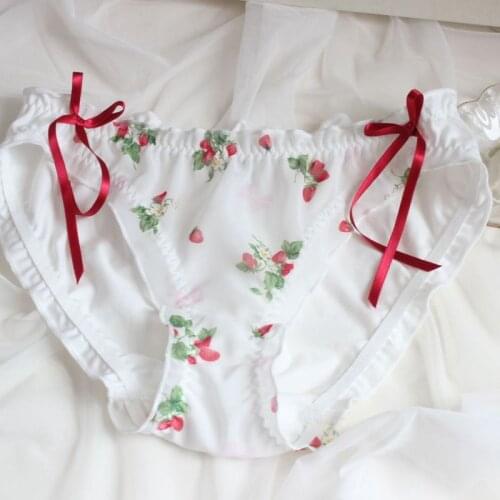 Strawberry Print Cute Lovely Style Girls Panties Sweet Soft Sexy Lace Knickers Underwear Princess Chiffon Ruffle Low Rise Briefs