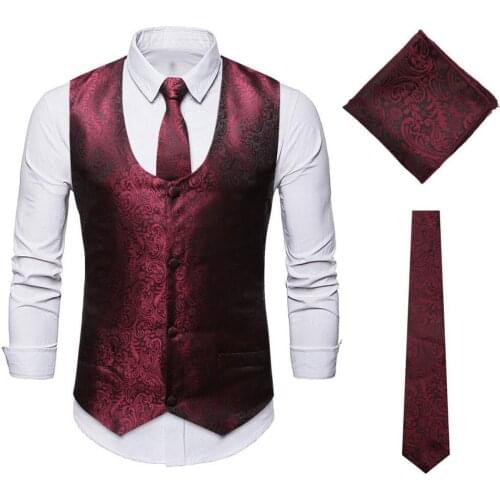 Mens Classic Wine Red Paisley Jacquard Floral Waistcost Vest Handkerchief Party Wedding Tuxedo Tie Vest Suit Pocket Square Set