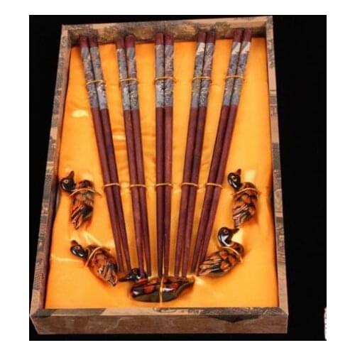 New 5pairs Chinese Handmade Vintage Wooden Chopsticks And Brackets Gift Set