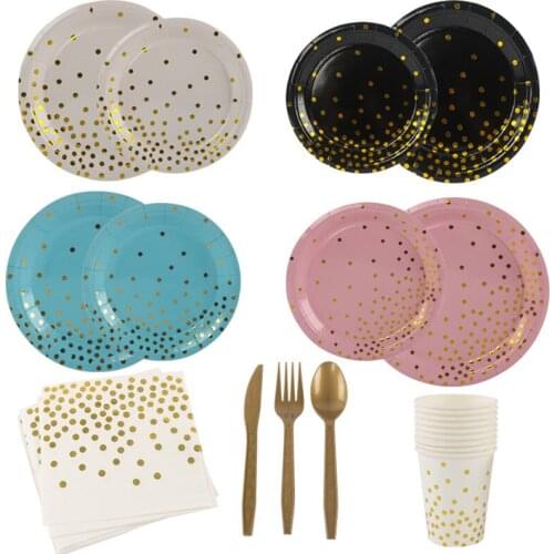 New Bronzing Dots Paper Plate Disposable Tableware Pink Gold Blue Rose Gold Napkin Paper Cups Decor Wedding Baby Shower Supplies