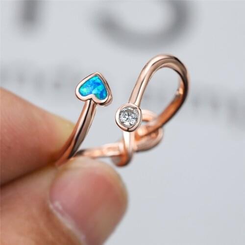 Rose Gold Silver Color Wedding Ring Fashion Crystal Heart Open Engagement Ring Cute Female Blue White Opal Stone Rings For Women