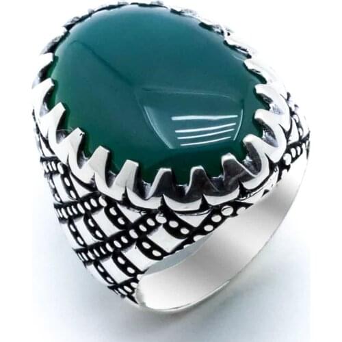 Oval Green Agate Gemstone Square Silver Ring
