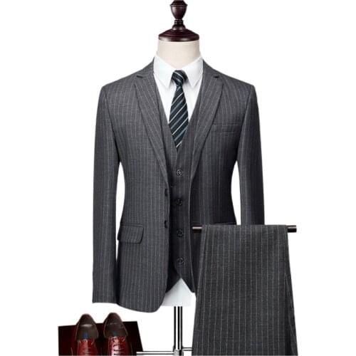 Jacket + Vest + Pants) Suit 3-piece Mens Formal Fashion Boutique Wedding Dress Set/Mens business casual striped suit tuxedo