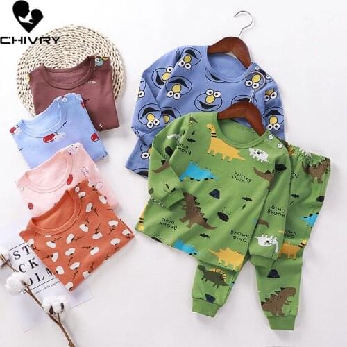 New Kids Boys Girls Pajama Sets Cartoon Print Long Sleeve O-Neck T-Shirt Tops with Pants Toddler Baby Autumn Sleeping Clothing