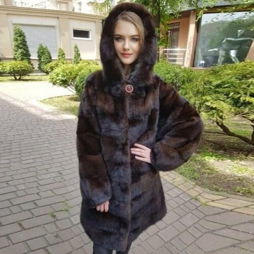 Luxury New Style Mink Fur Coat Winter Med-Length Mink Jacket Women Thick Warm Outwear With Fur Hooded Overcoat