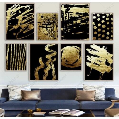 Scandinavian Golden Black Line Abstract Wall Art Canvas Painting Nordic Posters and Prints Wall Pictures for Living Room Decor