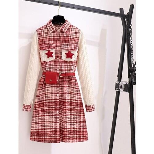 Tweed Patchwork Shirt Dress Preppy Style Lapel Knitted Long Sleeve Slim Stars Deco Woolen Dress With Waist Bag
