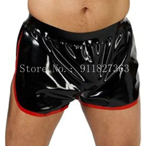 Unique mens latex shorts pants with red stips