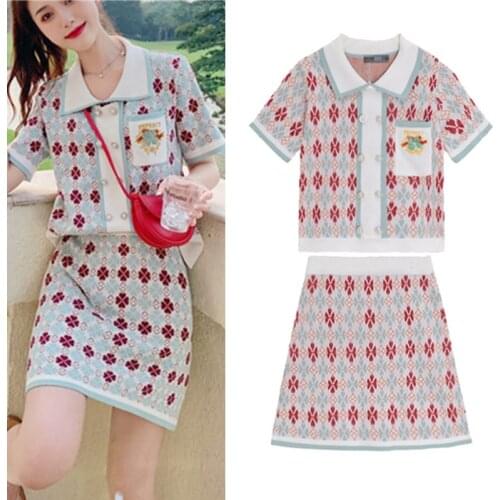 British Elegant Ladies Fashion Chic 2 Piece Set Short Sleeve Knitwear Women Cardigans Tops Embroidery Skirt Women Clothing SY175