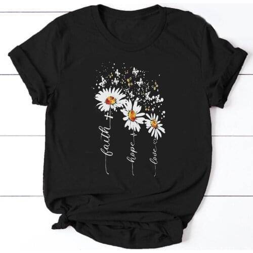 Faith Hope Love Christian Butterfly Daisy T-shirt Short sleeve top tees 100% Cotton print Graphic O neck Ladies Drop shipping