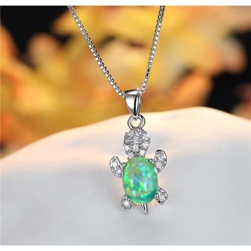 Female Cute Turtle Pendant Necklace Green Opal Oval Stone Necklaces For Women Wedding Jewelry Trendy Silver Color Chain Necklace