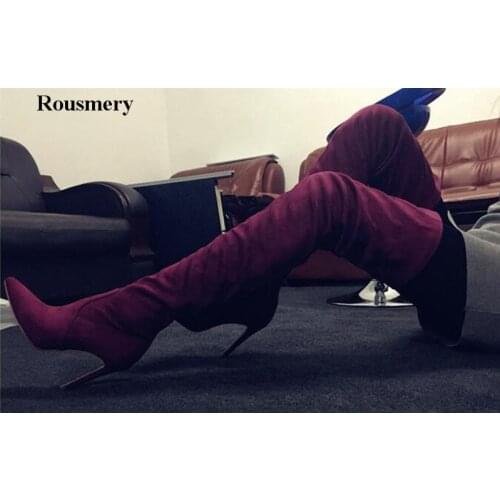 Women New Fashion Pointed Toe Over Knee Suede Leather High Heel Boots Thigh High Slim Style Long Boots Sexy Shoes