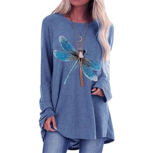 2020 Women Summer TShirts Long Sleeve Tops Casual Autumn O Neck Long Sleeve Dragonfly Print Loose Pullover T-Shirts Top рубашка
