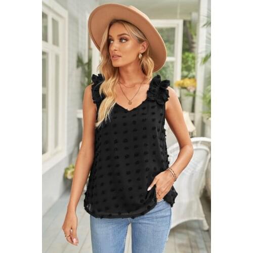 2021 Summer New Womens Chiffon Vest Sexy Deep V-Neck Jacquard Big Hair Ball Pleated Shoulder Strap T-Shirt Top Womens Clothing