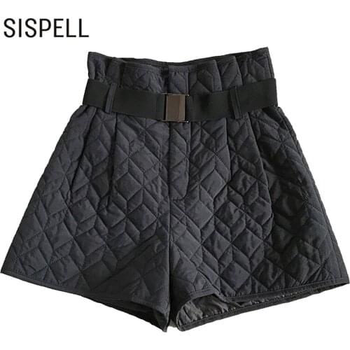 SISPELL Patchwork Lingge Womens Shorts High Waist With Belt Slimming Plus Size For Female Casual Shorts Fashion Autumn New